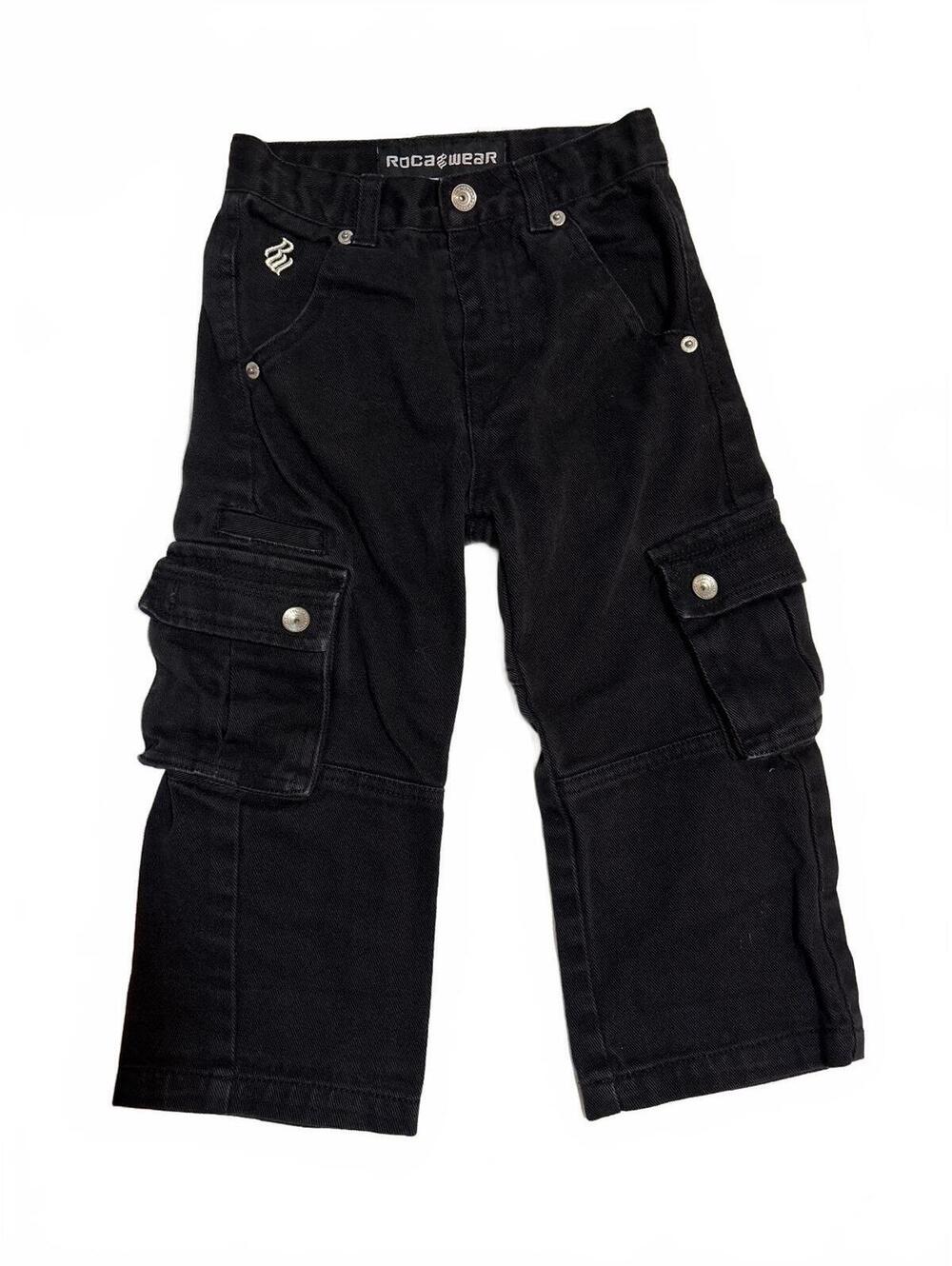 VTG Y2K Rocawear Toddler Boys 3T Black Cargo Jeans Baggy Big Logo Hip Hop Skater